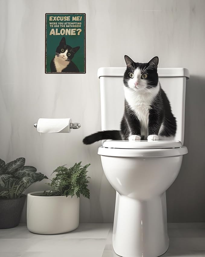 ALKB Funny Tuxedo Cat Metal Signs Black Cat Metal Poster Tuxedo Cat Lover Gift Vintage Bathroom Wall Decor 8 x 12 Inch-Ruum Studio Home