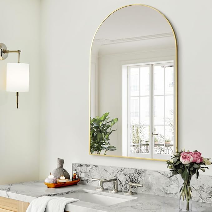 BEAUTYPEAK Wall Mounted Mirror, 26 inch x38 inch Arch Bathroom Mirror, Gold Vanity Wall Mirror w/ Metal Frame for Bedroom, Entryway, Living Room-Ruum Studio Home