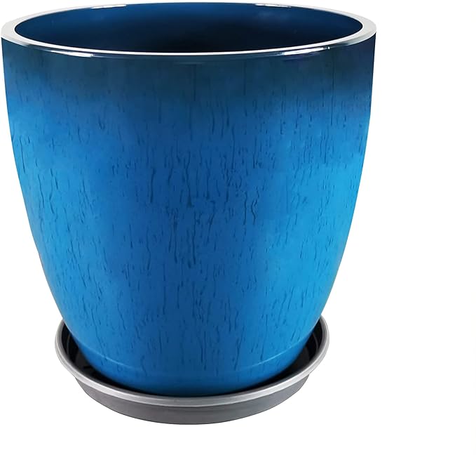 FixtureDisplays® Garden Plastic Round 11.8" Diameter 12" Tall Planter Resin Glazed Faux Ceramic Flower Pots Drainage Hole with Saucer Decorative Pot 15580-NF-Ruum Studio Home
