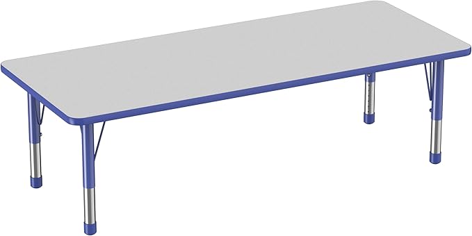 FDP Rectangle Activity School and Classroom Kids Table (30 x 72 inch), Chunky Toddler Leg, Adjustable Height 15-24 inches - Gray Top and Blue Edge-Ruum Studio Home