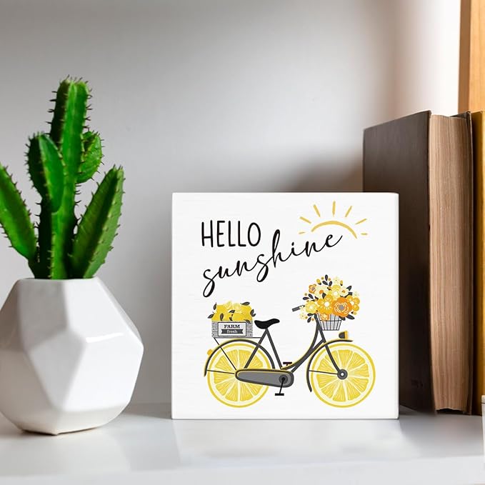 Lemon Decor Summer Decorations Hello Sunshine Wooden Sign Rustic Home Decor 5 x 5 Inches-Ruum Studio Home