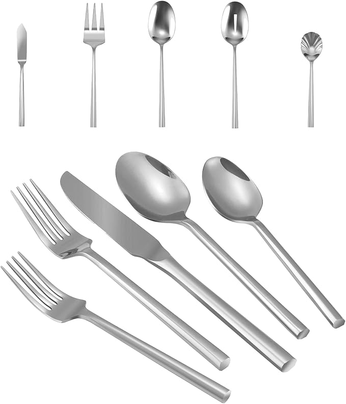 Silverware 45-Piece Flatware Set with Serving Utensils Stainless Steel Thick Heavy Mirror Polished Silver Cutlery Set for Wedding Hotel Restaurant, Service for 8-Ruum Studio Home