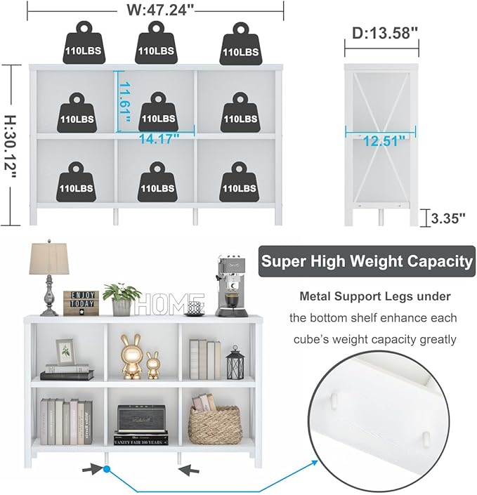 FATORRI 6 Cube Storage Organizer with Shelf, Long Wood and Metal Cubby Bookcase, Industrial Horizontal Bookshelf (White Oak, 47 Inch)-Ruum Studio Home
