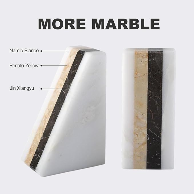 Marble Book Ends, Non-Skid Bookends for Shelves, Composite Bookend with Natural Marble, Heavy Duty Book Stopper, Collected CDs and Oversized Books Organizer, Gold & Black Decorative Bookends-Ruum Studio Home