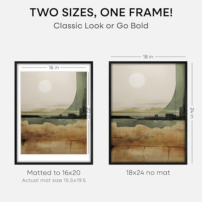 Homeforia Black Wooden Frame 18x24, High End Oak 18x24 Wood Picture Frames with Mat 16x20 Photo, 18 x 24 Poster Frame Matted to 16 by 20 Print, 24x18 Hanging Frames, Tempered Glass, Wall Kit, Set of 1-Ruum Studio Home