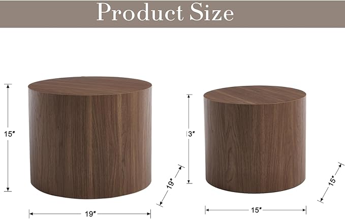 CIMOTA Round Wood Nesting Coffee Table Set of 2, Modern Circle Travertine End Side Table Sets for Living Room, Walnut Wooden Color/No Assembling-Ruum Studio Home