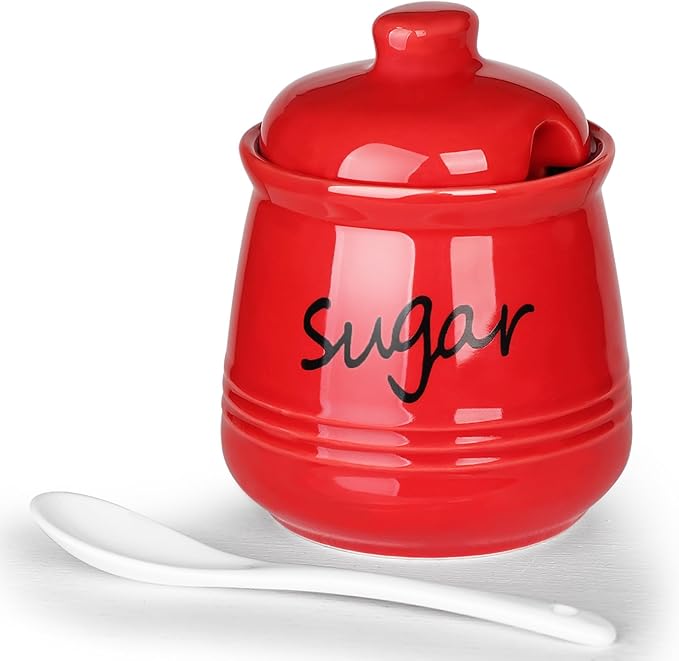 HAOTOP 12oz Sugar Bowl with Lid and Spoon,Ceramic Sugar Jar Sugar Dispenser Sugar Container Coffee Bar Accessories, Kitchen Countertop Canisters, Red-Ruum Studio Home
