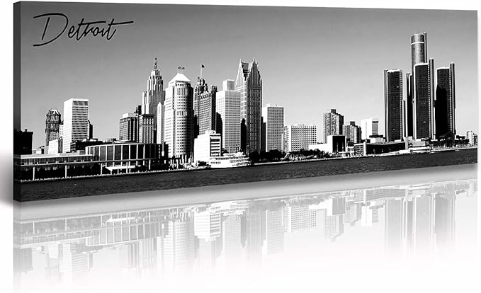 DJSYLIFE Detroit Skyline Wall Art Black and White Canvas Prints USA Skyscraper Panoramic Cityscape Picture for Bedroom Office Home Decoration Ready to Hang 13.8" x 47.3"-Ruum Studio Home