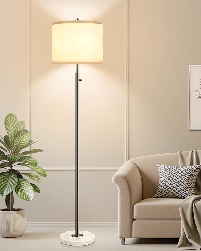 【Upgraded】 Dimmable Floor Lamp for Living Room, 11W LED Bulb Included, Modern Standing Lamp with Marble Base, Tall Pole Light with Linen Shade for Bedroom Reading Office Corner Nursery-Brushed Nickel-Ruum Studio Home