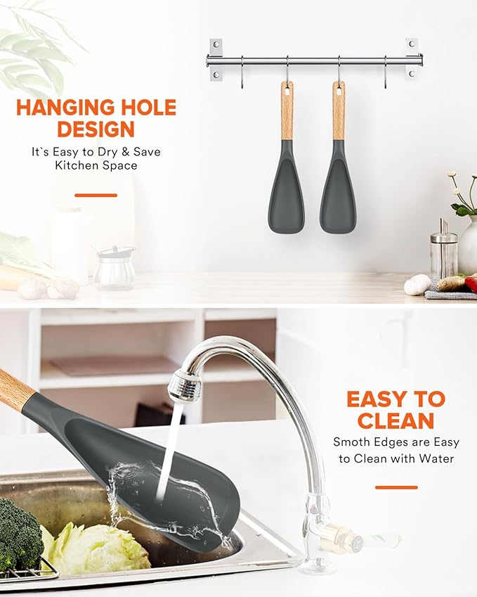 Cooking Spoon for Nonstick Cookwares, Great for Cooking and Serving Sturdy BPA-Free Matte Silicone, Wood Handle Spoon for Mixing, Scoop, and Scrape (2 Pack of Grey, 11.4 inch)-Ruum Studio Home