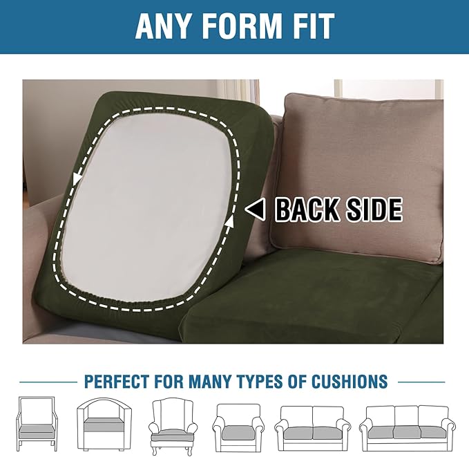 H.VERSAILTEX Velvet Stretch Couch Cushion Cover Plush Cushion Slipcover for Chair Loveseat Sofa Cushion Furniture Protector Seat Cushion Sofa Cover (3 Piece XL Sofa Cushion Covers, Olive)-Ruum Studio Home