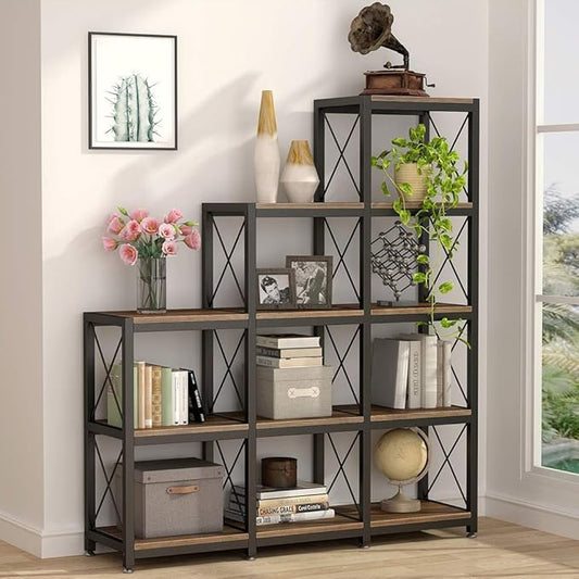 Tribesigns 12 Shelves Bookshelf, Industrial Ladder Corner Bookshelf 9 Cubes Stepped Etagere Bookcase, Rustic 5-Tier Display Shelf Storage Organizer for Home Office (Rustic Brown)-Ruum Studio Home