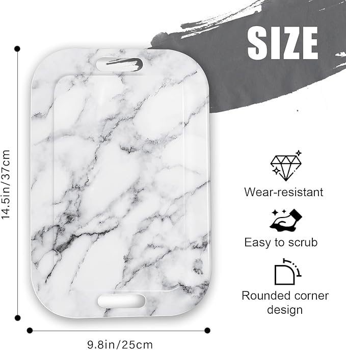 Serving Trays with Handles, 14.5 x 9.8 inch Rectangular Plastic Tray for Restaurant, Kitchen, Gray White Marble-Ruum Studio Home