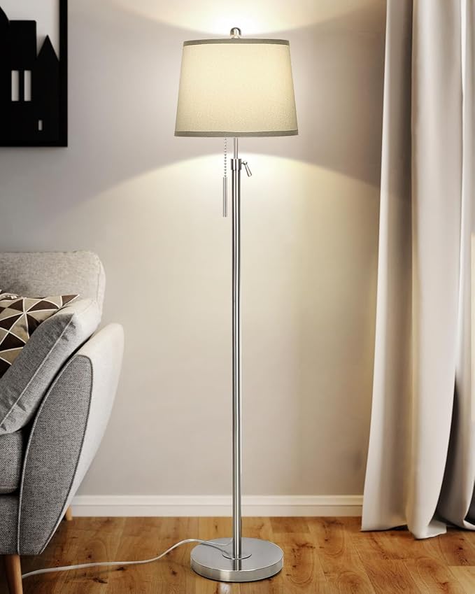 Floor Lamp for Living Room,Adjustable Height Standing Lamp,Dimmable Modern Floor Lamps for Bedroom Office Tall Floor Lights with Pull Chain Bulb Included-Silver Gray Shade-Ruum Studio Home