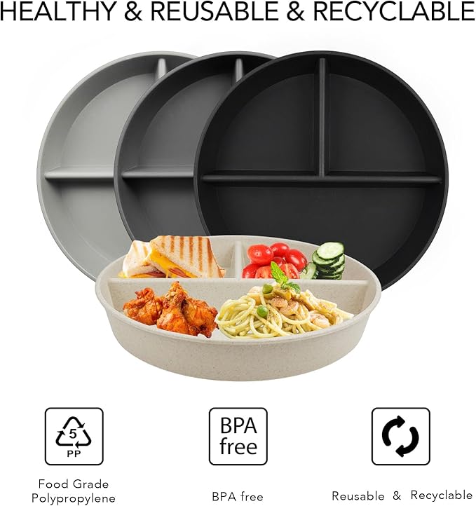 greenandlife 9 Inch 4PCS Divided Plates with Lids, Portion Control Plates for Kids Adults, Dishwasher Microwave Safe Compartment Plate, Unbreakable Lightweight Reusable Wheat Straw Plate, Grey Black-Ruum Studio Home
