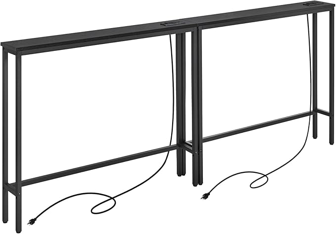 ELYKEN 2 Pack 5.9" Narrow Console Sofa Table with Power Outlets, 5.9" Dx39.4 Wx31.1 H Long Black Behind Couch Table with Metal Frame and Charge Station with 6.5’ Extension Cord-Ruum Studio Home
