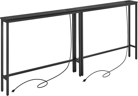ELYKEN 2 Pack 5.9" Narrow Console Sofa Table with Power Outlets, 5.9" Dx39.4 Wx31.1 H Long Black Behind Couch Table with Metal Frame and Charge Station with 6.5’ Extension Cord-Ruum Studio Home