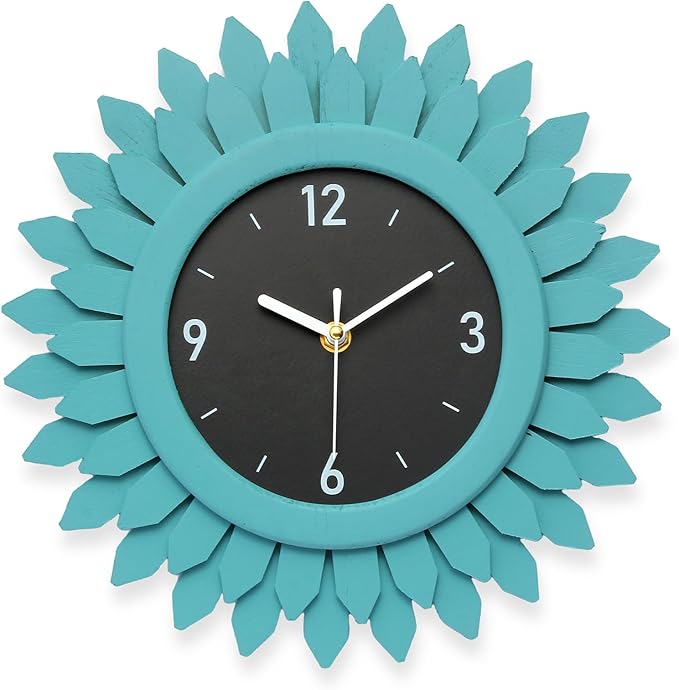 Honiway Wall Clock Battery Operated 12 Inch Rustic Wood Beach Sunburst Decorative Wall Clock Silent Non-Ticking Coastal Wall Decor Clocks for Living Room Kitchen Bathroom Bedroom (Cyan)-Ruum Studio Home