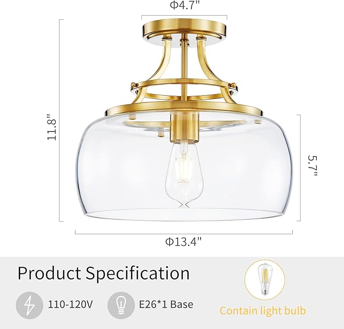 WUZUPS Chandelier Rustic Farmhouse Industrial Round Semi-flushmount Ceiling LED Light Fixture with Clear Glass Shades for Bathroom Kitchen Foyer Entryway, H 11.8" x W 13.4", E26 Base, Brushed Gold-Ruum Studio Home