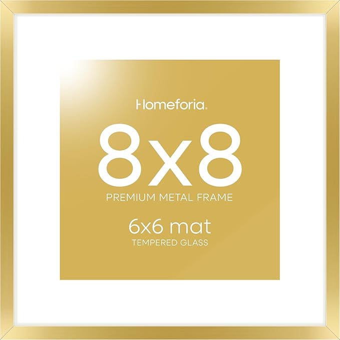 Homeforia 8x8 Picture Frame Gold, High End Metal 8 x 8 Square Photo Frames with Mat 6 by 6, 8x8 Poster Frame Matted to 6x6 inches Print, 8by8 Wall or Tabletop Frame, Tempered Glass, Wall Kit, Set of 1-Ruum Studio Home