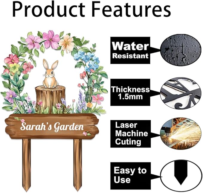 Personalized Rabbit Metal Sign with Stake,Custom Gardener Last Name Signs Outdoor Decor,Customized Flowers Gardening Birthday Gifts,Cute Animal Plaques for Patio Lawn Porch Backyard Farmhouse Outside-Ruum Studio Home