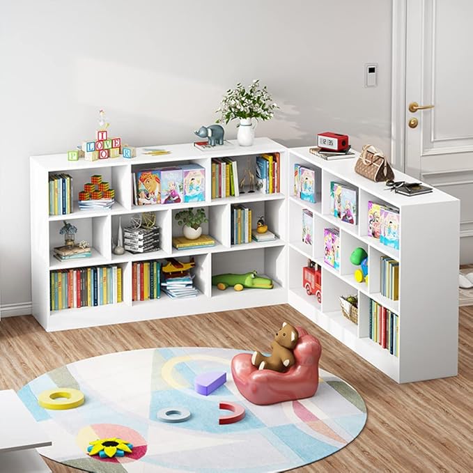 IOTXY Open Shelf Low Bookcase - Wooden 3-Tier Floor Standing Display Cabinet Organizer with Base, 5 Cubes Short Horizontal Bookshelf in Warm White-Ruum Studio Home