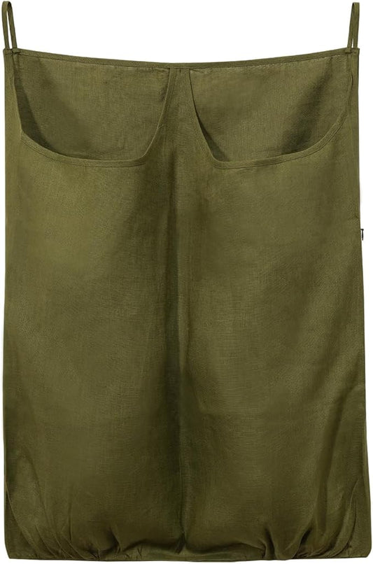 100% Pure Linen Dual Hanging Laundry Bag with 2 Deep Pocket and 2 Side Zipper 20x27in, Over The Door Laundry Hamper Space Saving Hampers for Dirty Clothes Home Travel, Green-Ruum Studio Home