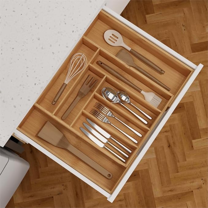 BAMEOS 3.9inch Tall Bamboo Drawer Organizer, Expandable Utensil Holder with 8 Compartments, Adjustable Kitchen Drawer Divider for Flatware, Silverware and Gadgets, Deep Storage for Home and Office-Ruum Studio Home