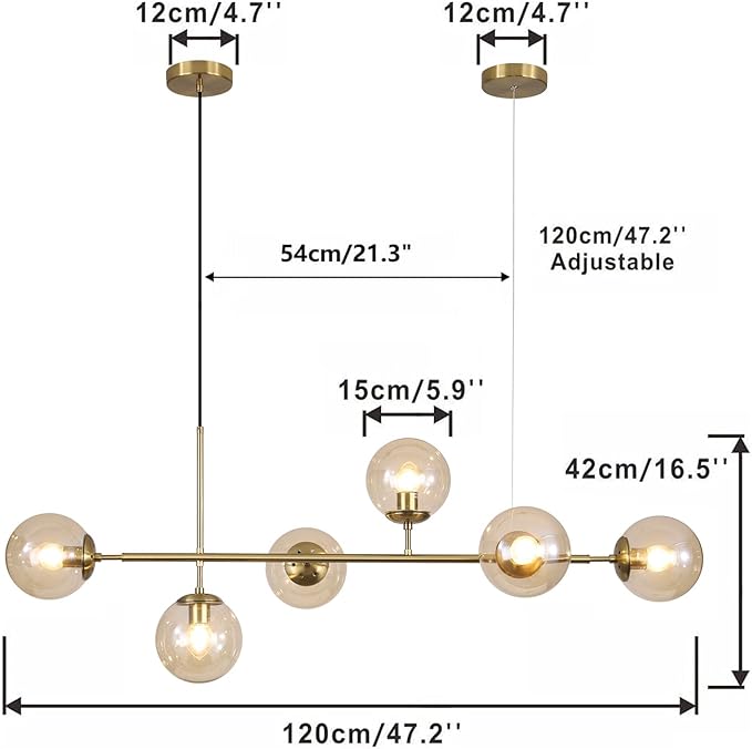 KCO Lighting Globe Linear Chandelier 6 Light Amber Glass Pendant Light Fixture Gold Kitchen Island Lighting Long Brass Sputnik Chandelier Dining Room Light Fixtures Over Table-Ruum Studio Home