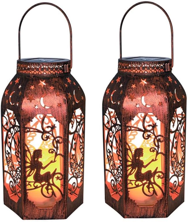 Solar Lanterns Outdoor Garden Hanging Lantern Waterproof LED Metal Bronze Moon Fairy Lantern Waterproof Flickering Flameless Candle Mission Lights for Table,Patio,Mother's Day Gift(2Pack)-Ruum Studio Home