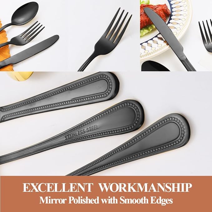 40 Pcs Black Silverware Set for 8 with Pearled Edge Handle design, Food Grade Stainless Steel Flatware Set, Eating Utensils Sets Include Fork/Knife/Spoon, Reusable Cutlery Set, Dishwasher Safe-Ruum Studio Home