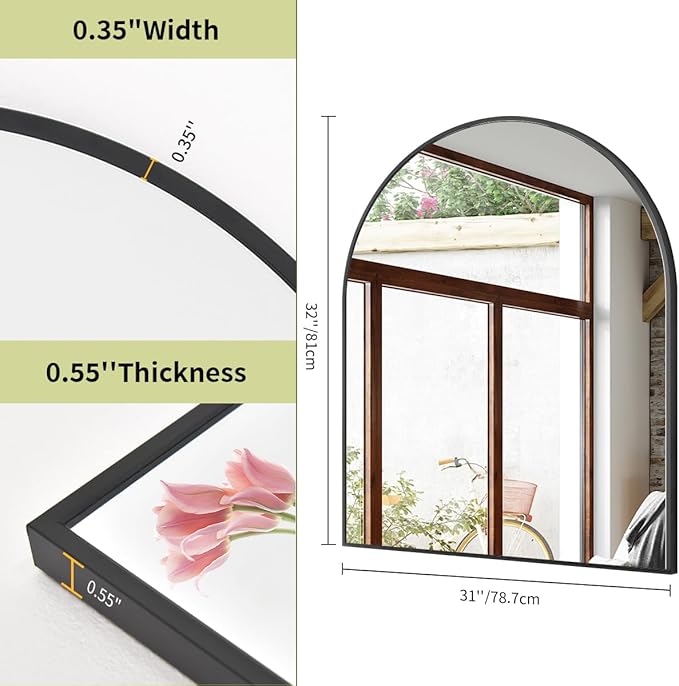 BEAUTYPEAK 31"x32" Arch Bathroom Mirror, Wall Mounted Vanity Metal Frame Mirror for Bedroom, Entryway, Living Room, Black-Ruum Studio Home