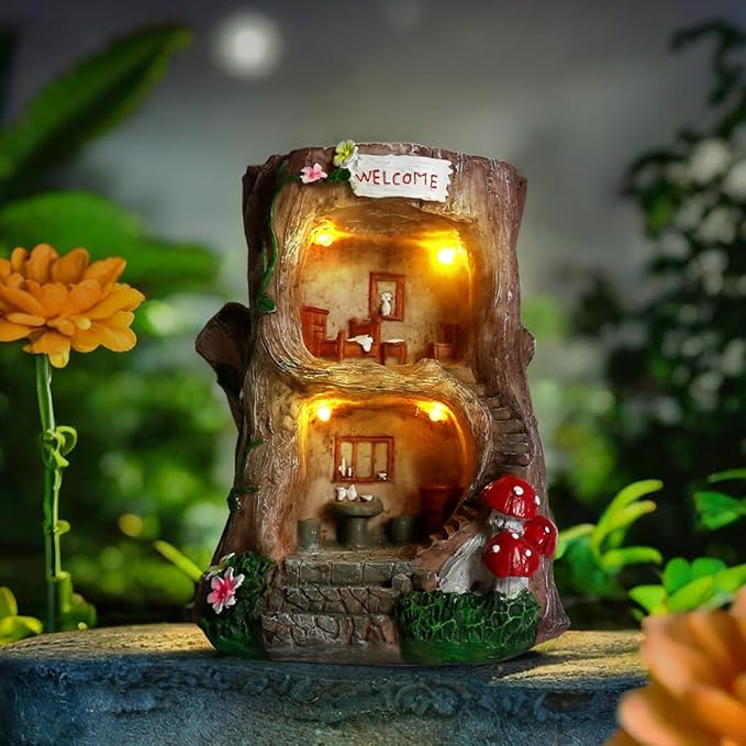 Solar Light Gnome Fairy Garden House for Outside, Big Size Fairy Miniature Buildings Accessories House Sculptures for Outdoor Garden Patio Lawn Path Decorations, 8" Tall-Ruum Studio Home