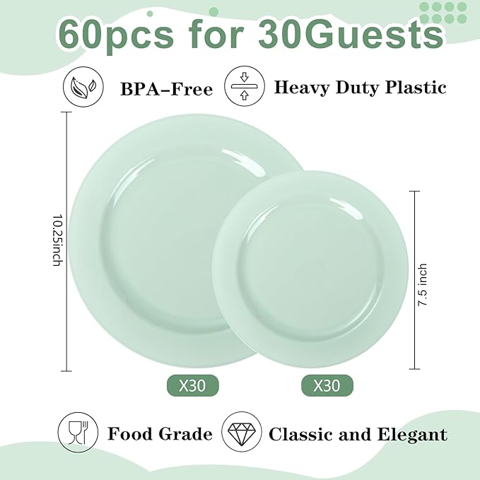 FLOWERCAT 60PCS Sage Green Plates - Heavy Duty Plastic Plates Disposable for Party/Easter - Include 30PCS 10.25inch Sage Green Dinner Plates and 30PCS 7.5inch Dessert Plates-Ruum Studio Home