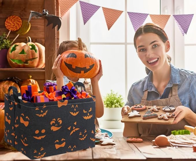 HIYAGON Rectangular Halloween Basket for Boys and Girls Kids Trick or Treat Pumpkin Basket for Halloween Parties Cute Storage Bin Organizer Box Room Decor(Black Pumpkin)-Ruum Studio Home
