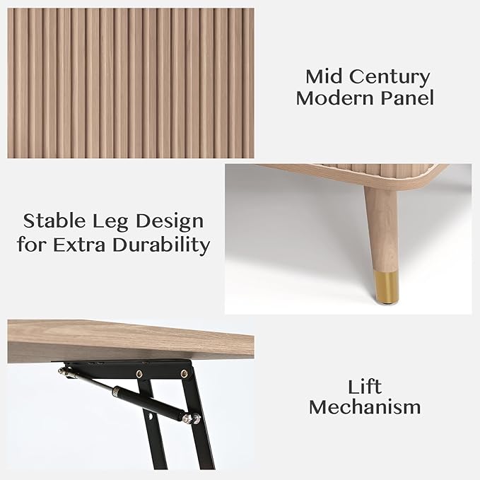 Lift Top Coffee Table with Storage Shelf & Hidden Compartment, Mid Century Modern Fluted Rectangle Dining Table for Living Room, Home Office, Natural Oak-Ruum Studio Home