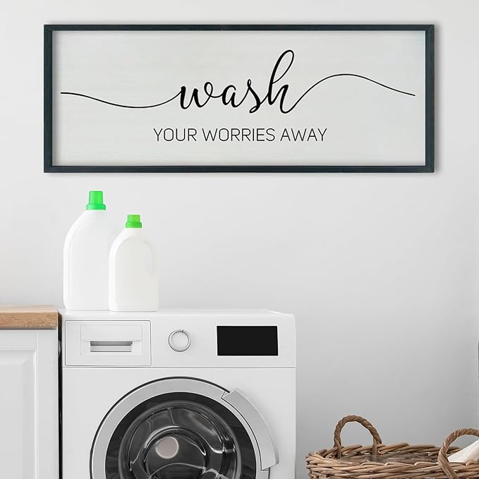 SRSZHIYUE Wash Your Worries Away Bathroom Sign Wall Art 40"x15" Funny Restroom Toilet Large Wood Framed Hanging Decor (Black)-Ruum Studio Home