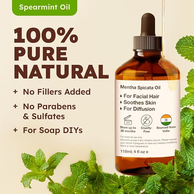 Kukka Spearmint Oil for Facial Hair - 4 Fl Oz - 100% Pure Natural Aromatherapy Spearmint Essential Oil for Skin & Hair Care, Diffuser, Bath Bombs, Soaps and Candles - Soap Making & DIY-Ruum Studio Home