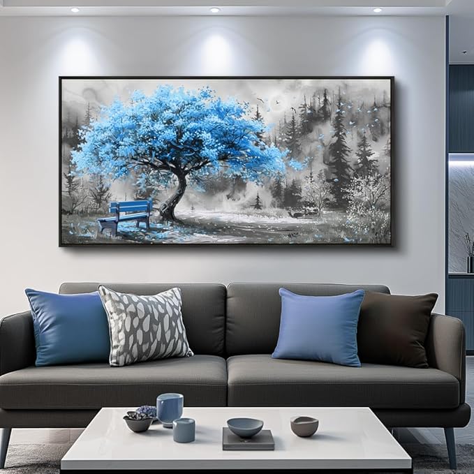 ZUITINGHUA Black Framed Canvas Wall Art For Living Room Large Wall Decor For Office Bedroom Decorations Blue Tree Landscape Pictures Black And White Paintings Artwork Aesthetic Home Decor 30x60 In-Ruum Studio Home
