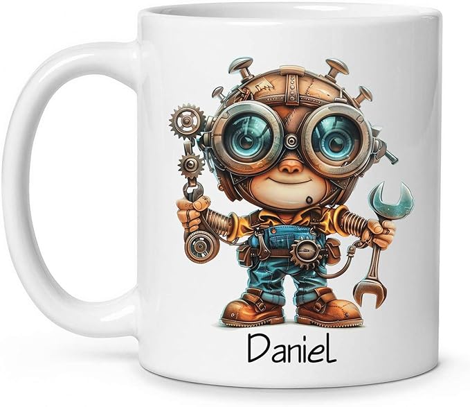 Personalized Tech Enthusiast Coffee Cup 11oz 15oz, Customized Steampunk Character Design Ceramic Mug, Unique Custom Name Mug Gift For Engineer, Kid Cup, Cute Mechanic White Cup-Ruum Studio Home