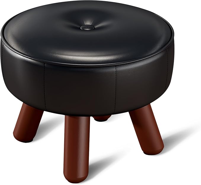 13in Small Foot Stool Ottoman, Round Faux Leather Foot Rest, Footstool Ottomans with Rubber Legs Under Desk, Footrest for Couch, Living Room, Bedroom, Office, 13''L x 13''W x 10.2''H, Black-Ruum Studio Home