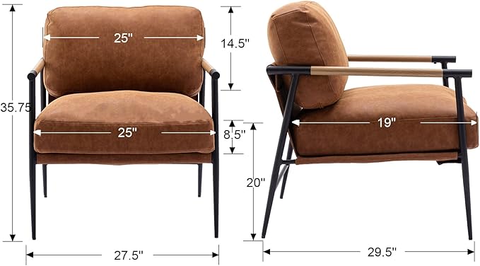 Mid-Century Accent Chair, Soft Armchair PU Leather Lounge Chair with Black Metal Legs, Upholstered Leisure Chair for Living Room Bedroom Reception Room, 1PC, Brown-Ruum Studio Home