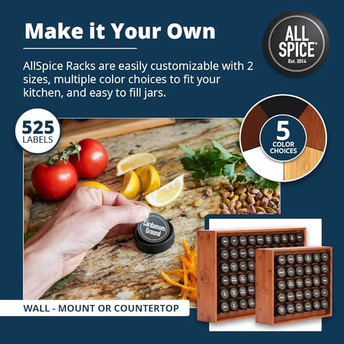 AllSpice Spice Rack Organizer, Wood, 525 Unique Labels, Countertop or Wall Mount, Includes 30 4oz Jars- Cherry Stain-Ruum Studio Home