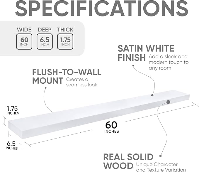 Homeforia Floating White Shelf 60 inches, High End Solid Real Wood 60inch Long Floating Shelves for Wall Mounted, White Wooden 60in Floating Shelves, Heavy Duty Bracket, 60 X 6.5 X 1.75 inch, Set of 2-Ruum Studio Home