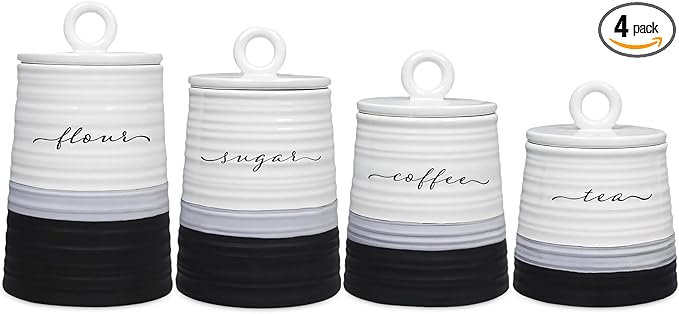 Young's Inc. 4 Pcs Set Rustic Modern Ceramic Canisters- Storage Container for Kitchen and Bathroom - Beautiful Home Decor Accent to Store Food, Coffee, Tea, and More - Black, White-Ruum Studio Home