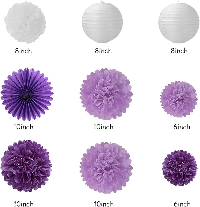 Purple White Birthday Party-Decorations Paper-Flowers - 14pcs Happy Banner Lavender Lanterns Tissue Pom Poms,Lilac Streamers Garland Fans,Women Girls Adult Kids Office Hanging Supplies Decor Hugfond-Ruum Studio Home