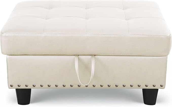 Ottoman Rectangular Storage Ottoman Bench, Faux Leather Footrest, Coffee Table, Stool Footstool with Hinged Lid for Living Room, Bedroom, Entryway, White, 28.5"x19"x17.5"-Ruum Studio Home