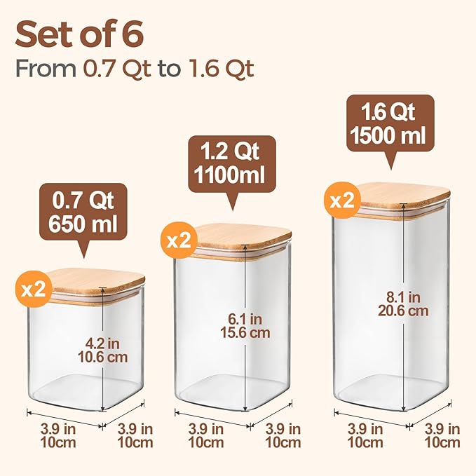 ComSaf Airtight Glass Storage Canister with Lids (0.7Qt/1.2Qt/1.6Qt) Set of 6, Food Storage Container Kitchen Pantry Storage Jar, Glass Jars for Flour Cereal Sugar Tea Coffee Beans Snacks, Square-Ruum Studio Home