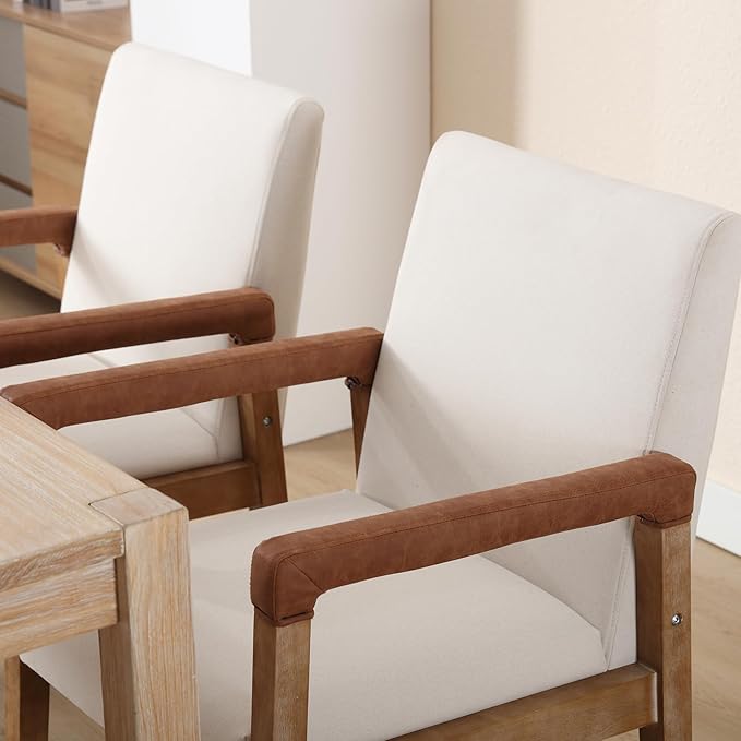 Mid Century Modern Dining Chairs Set of 4 Fabric Upholstered Living Room Side Chair, Kitchen Arm Chair with Solid Wood Legs for Home Restaurant, Linen White-Ruum Studio Home