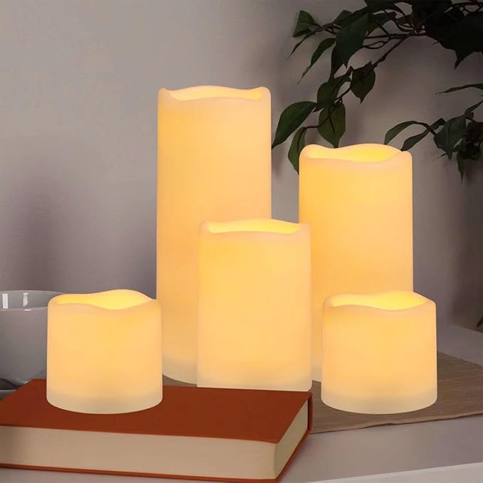 Flameless Battery Operated Outdoor Waterproof Set of 12(D: 3" x H: 3" 4" 5" 6") Pillar LED Candles with 10-Key Remote and Cycling 24 Hours Timer-Ruum Studio Home